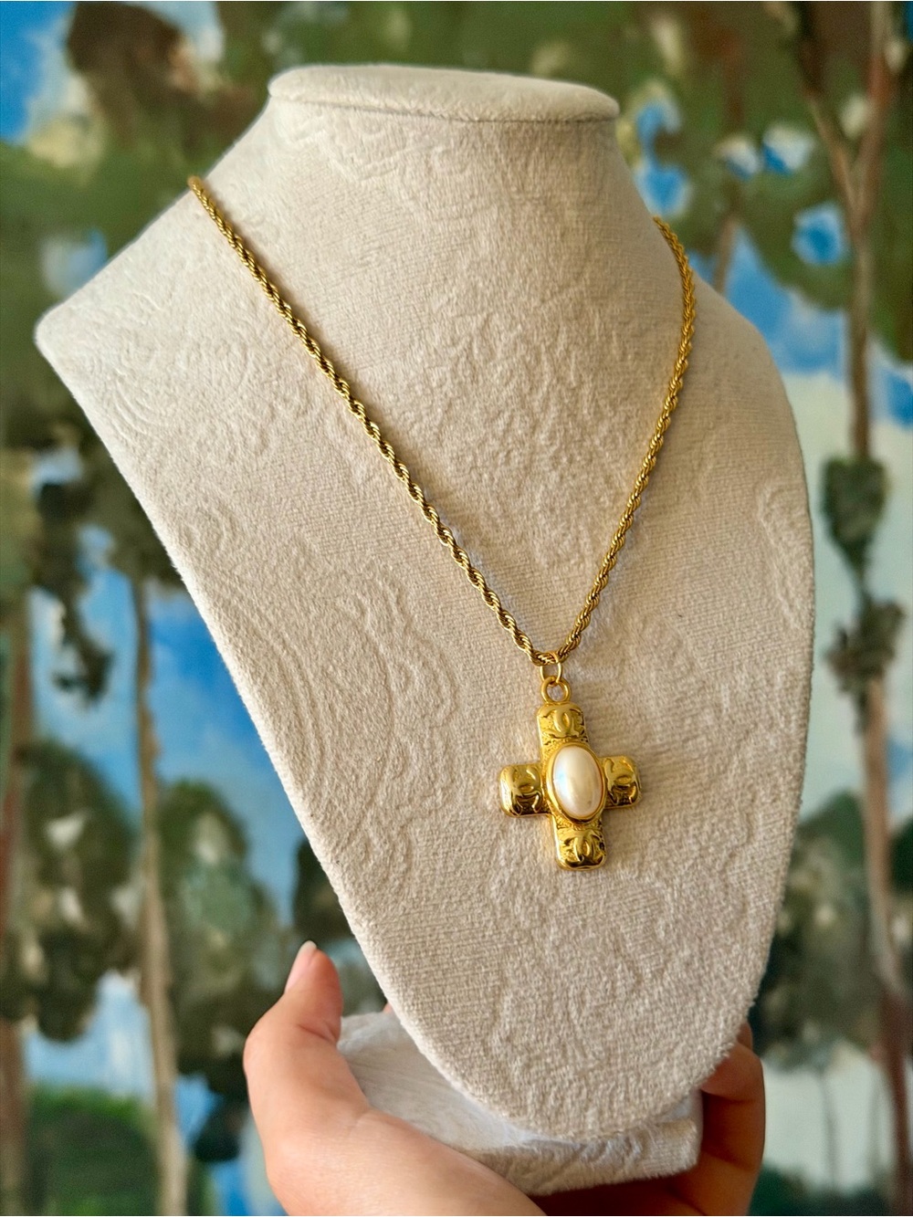 Gold Chanel Cross CC Pendant Necklace with Pearl Center - Picture 14 of 17